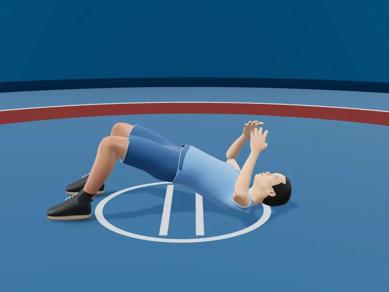 Back bridge, shoulder supported: Hips up. Rendered human phase image, three-quarter view.