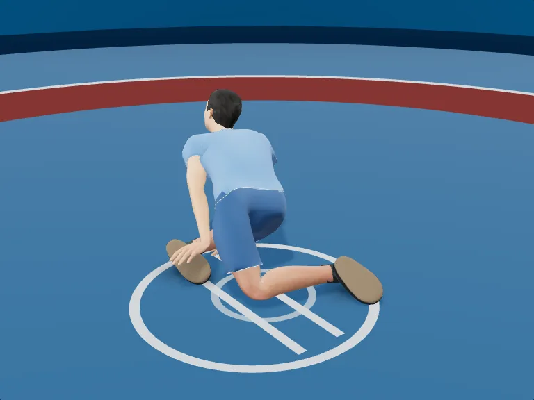 Hip heist: Under leg through, turn. Rendered human phase image, three-quarter view.