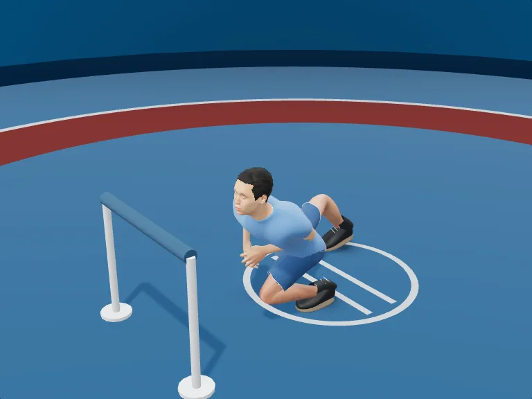 Single leg entry • solo: Step in, hands low. Rendered human phase image, three-quarter view.