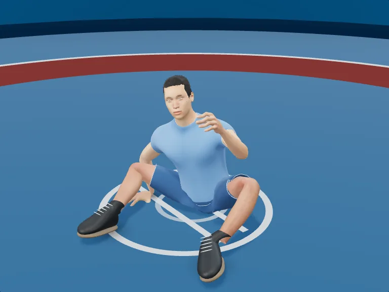 Sit-out: Leg through. Rendered human phase image, three-quarter view.