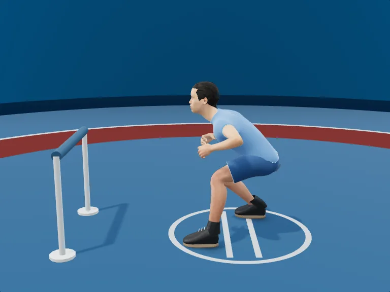 Snap down: Pull and drop the hips. Rendered human phase image, three-quarter view.