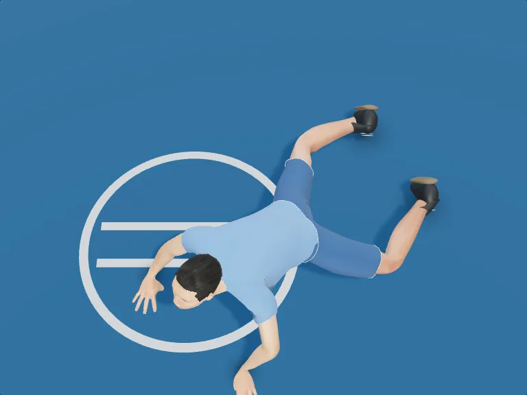 Sprawl and spin: Quarter turn. Rendered human phase image, three-quarter view.