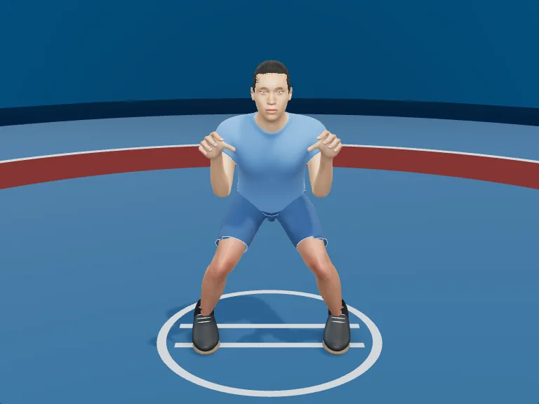 Square stance: Hands even. Rendered human phase image, three-quarter view.