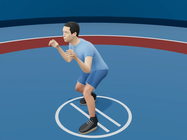 Wrestling stance: Hands ready. Rendered human phase image, three-quarter view.