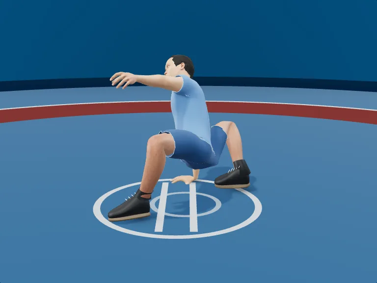 Technical stand-up • sequence map: Leg clears back. Rendered human phase image, three-quarter view.