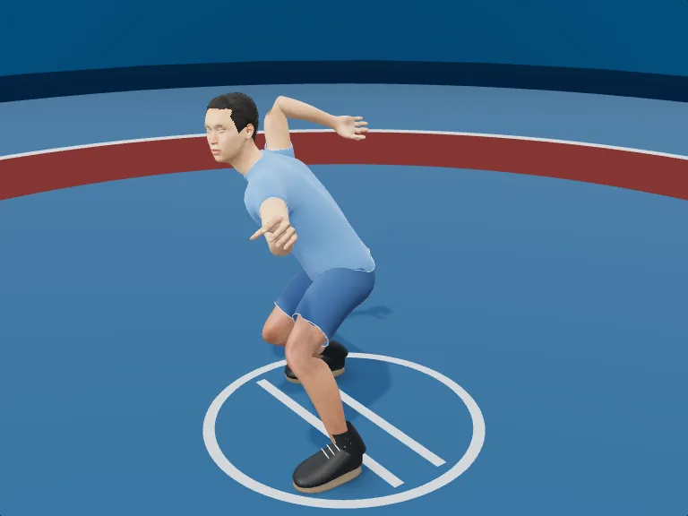 Whizzer: Hips in and down. Rendered human phase image, three-quarter view.